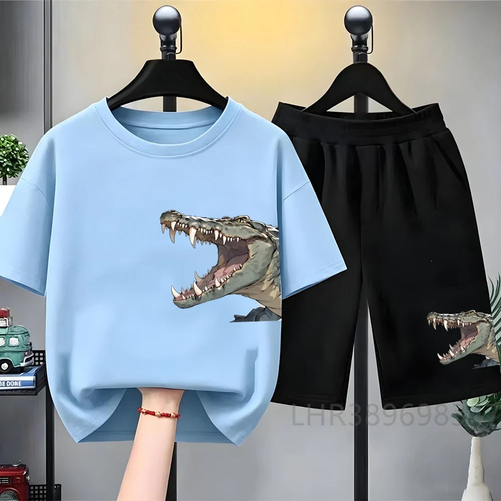 Children Tees Crocodile Head Black Suitable Girls Boy Tshirt+Shorts Kids Set Short Sleeve For Ages 3 And Up Summer Clothing