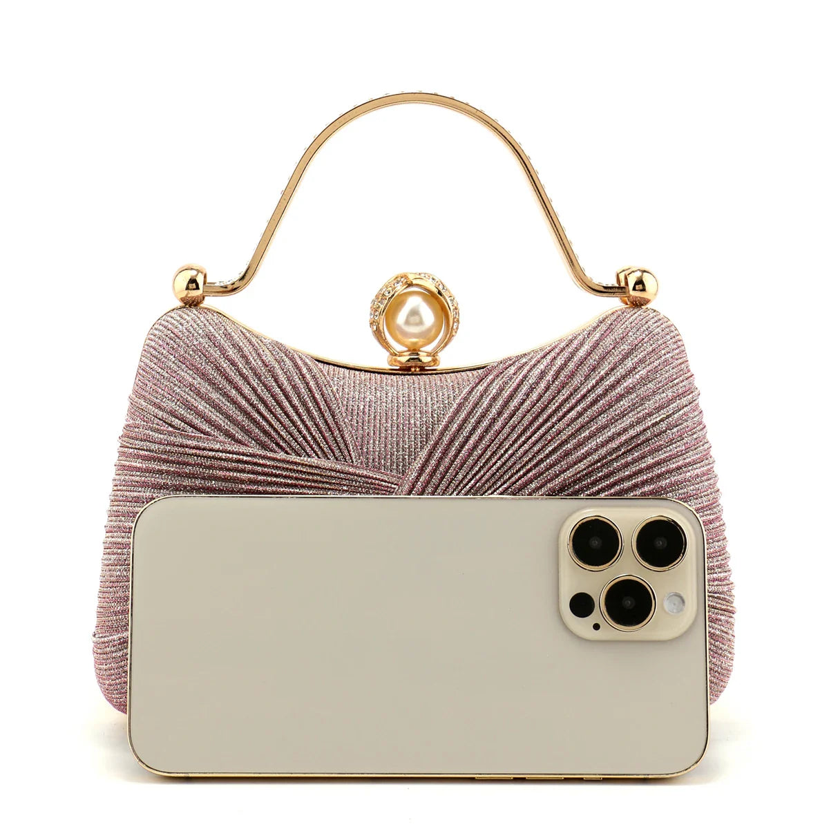 Bow Design Ruched Fashion Women Evening Bags Pink Color Sequined Glitter Metal Pearl Handbags Banquet Lady Wedding Bridal Purse