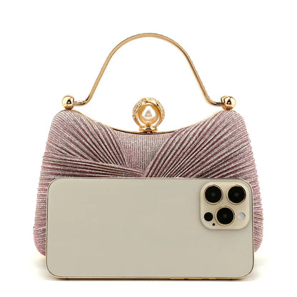 Bow Design Ruched Fashion Women Evening Bags Pink Color Sequined Glitter Metal Pearl Handbags Banquet Lady Wedding Bridal Purse