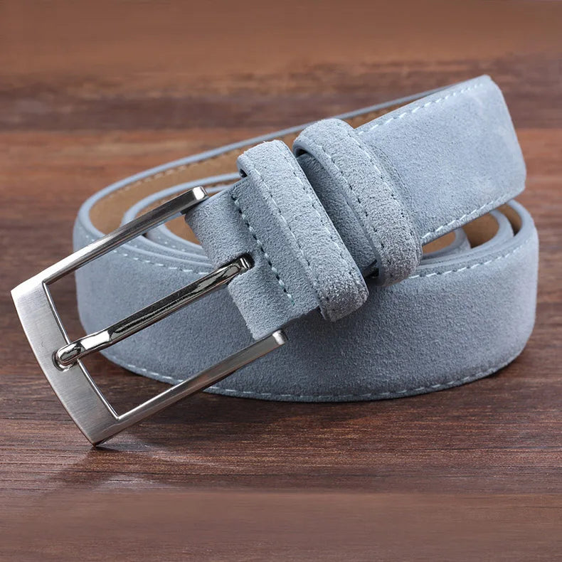 2025 Fashion Suede Belt Cow Genuine For Man And Lady With Oxford Fabric Strap Genuine Leather Luxury Pin Buckle Blue Belts