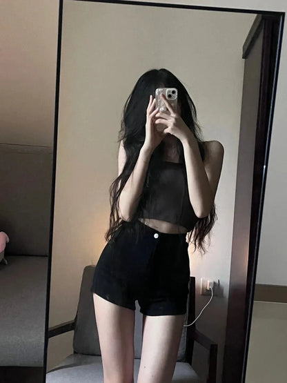 Black High-Waist Skinny Jeans Shorts for Women Trendy Slimming Booty Hot Pants Retro Style Spring Summer  Ladies' Sho