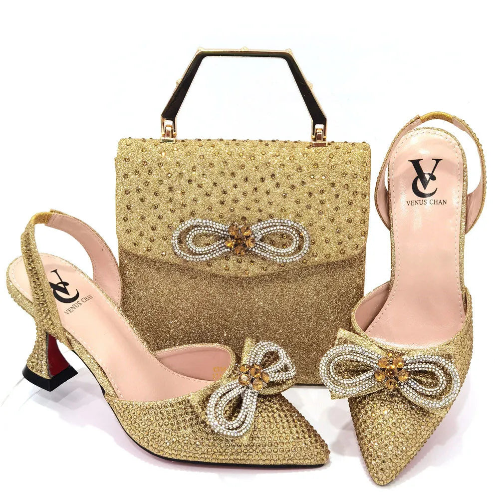 The Latest INS Style Rhinestone Bow Side Empty Party High Heels Pointed Toe Stiletto Heels Silver Women's Shoes And Bags