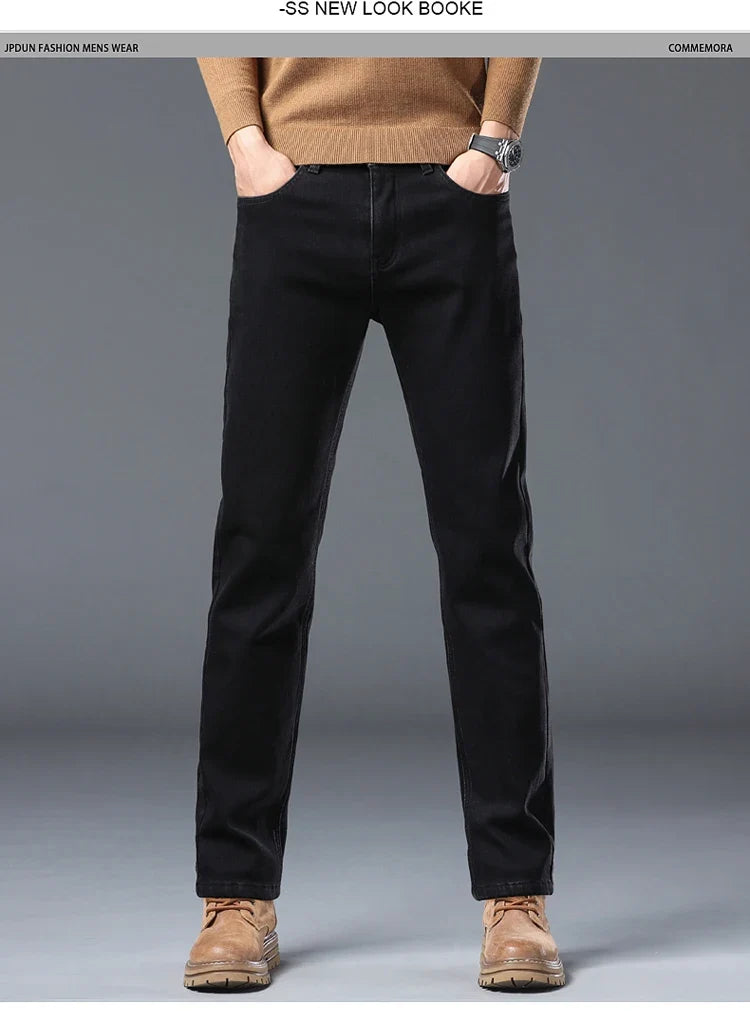 Men's Winter Stretch Fleece Jeans Thickened Warm Loose Straight Velvet Denim Trousers Classic Business Casual Black Work Pants
