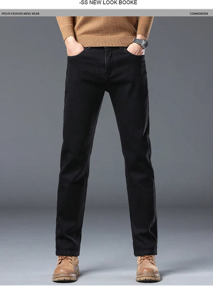 Men's Winter Stretch Fleece Jeans Thickened Warm Loose Straight Velvet Denim Trousers Classic Business Casual Black Work Pants