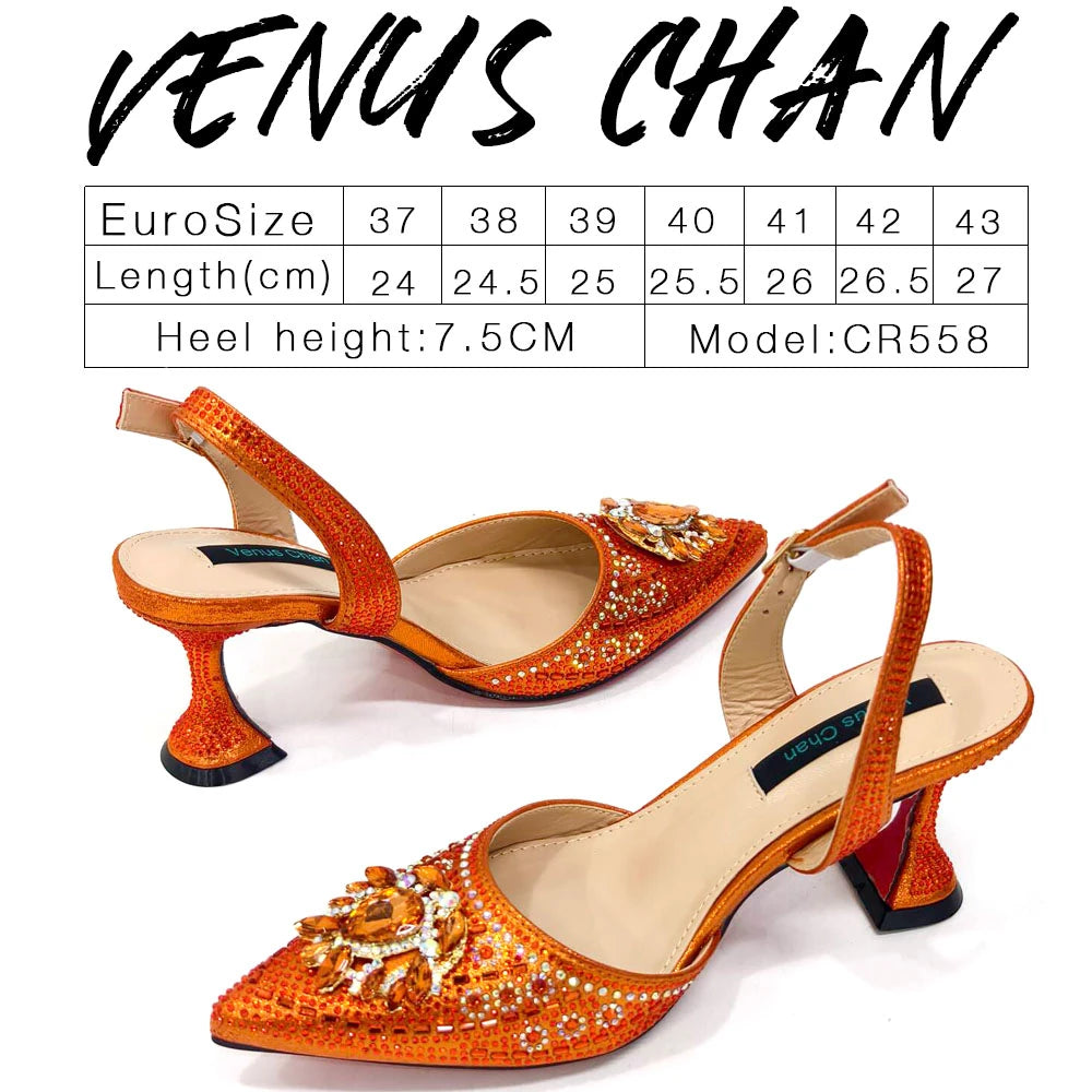 2024 Latest Wedding Pointed Toe Women's Shoes High Heel Black Color Rhinestones italian shoes and bags matching set