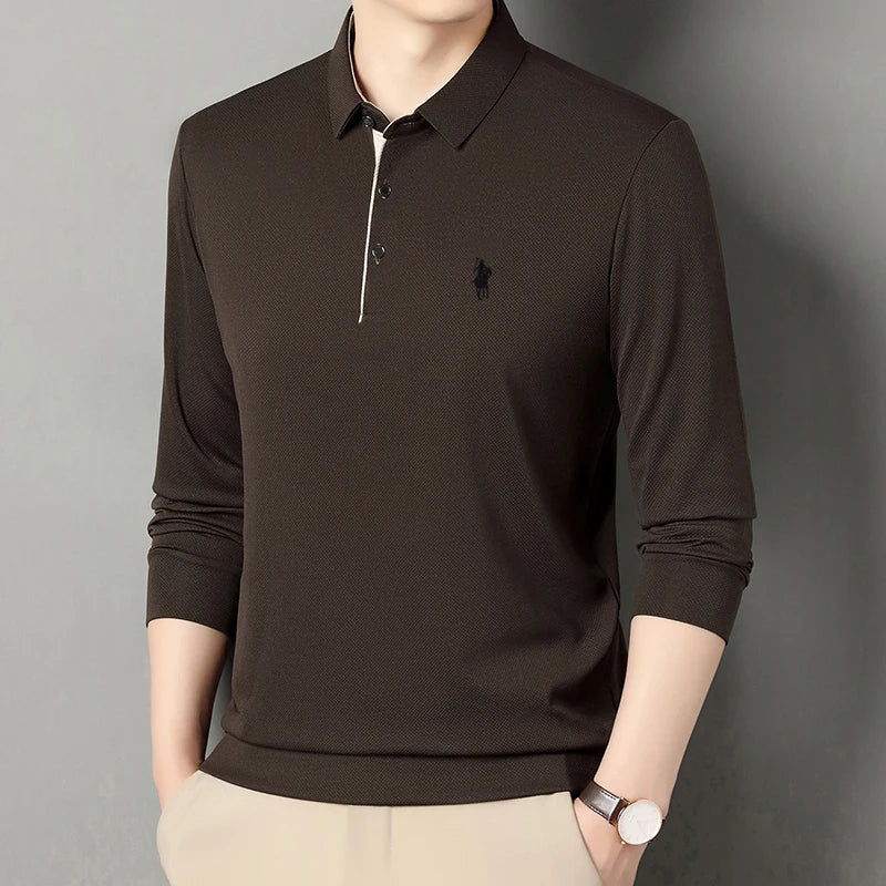 2025 Latest Autumn New Men's Long Sleeve Polo Shirt Middle Aged Business Comfortable Solid Color Men's Collar T-shirt