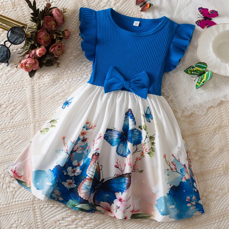 Summer New Girl's Butterfly Printed Dress 3-7Y Flying Sleeves Children's Cute Casual Dresses Girls Fashion Clothing