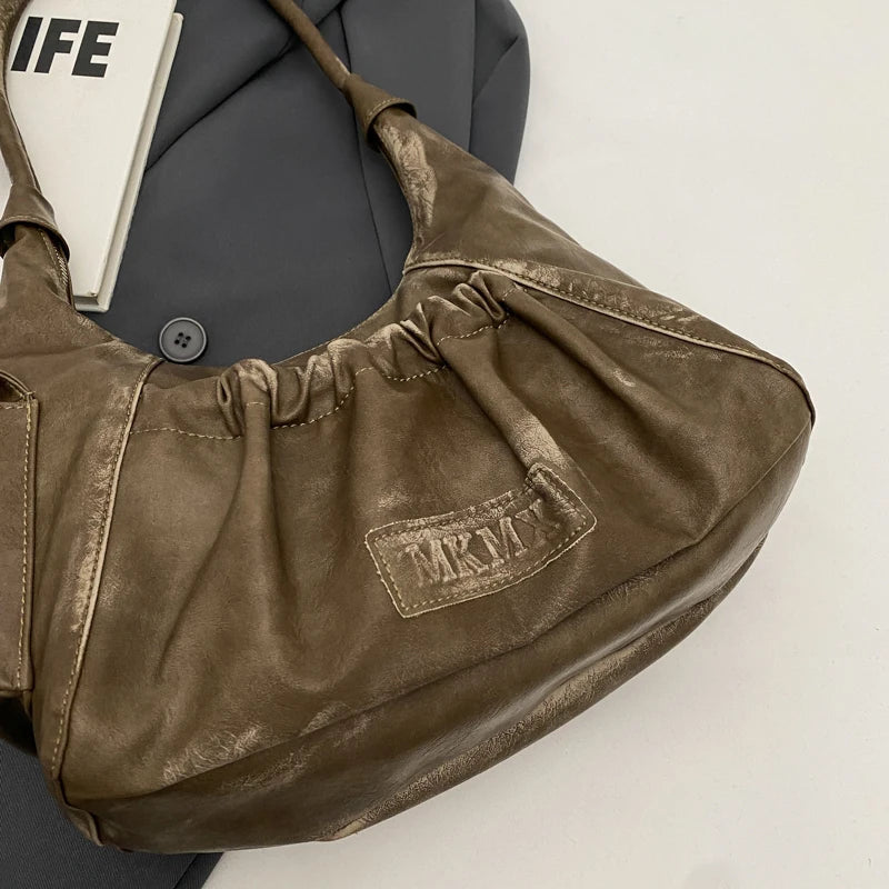 Retro Leather Shoulder Bags for Women 2025 Spring Vintage Underarm Bag Handbags and Purses Latest Fashion Hand Bag