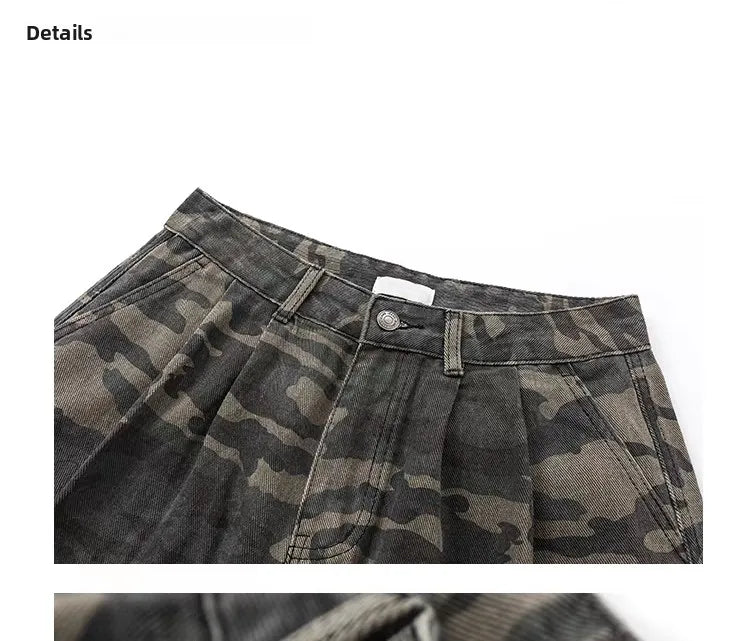 plus Size American Retro Camouflage Casual Work Pants Women's Loose Wide Leg Jeans Autumn New Sle High Waist Zipper Closure