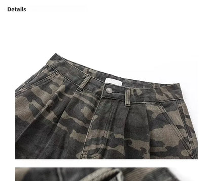 plus Size American Retro Camouflage Casual Work Pants Women's Loose Wide Leg Jeans Autumn New Sle High Waist Zipper Closure