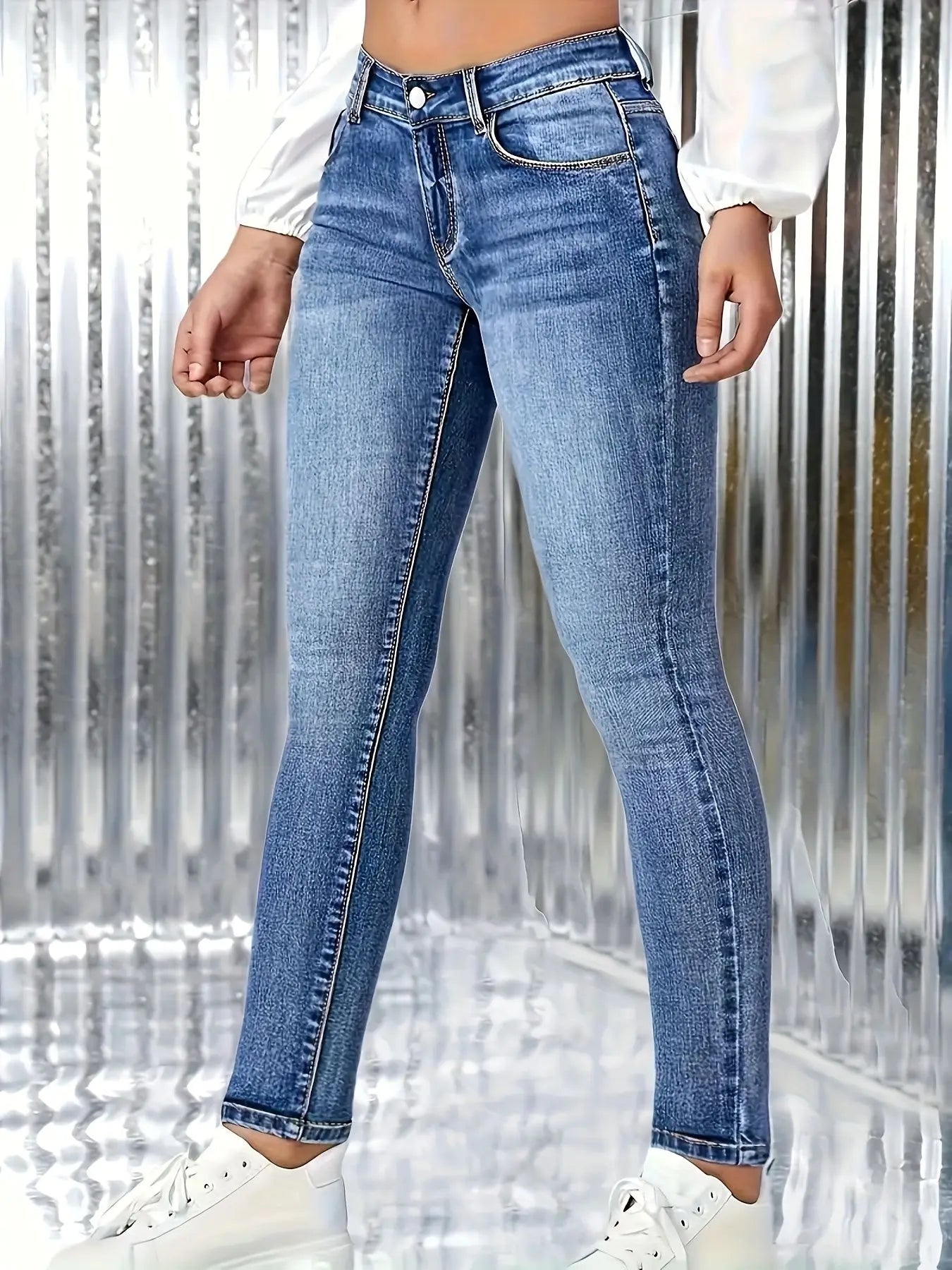 Y2K High Waist Blue Skinny Jeans for Women Elastic Retro Style Denim Pants Simple Classic Design