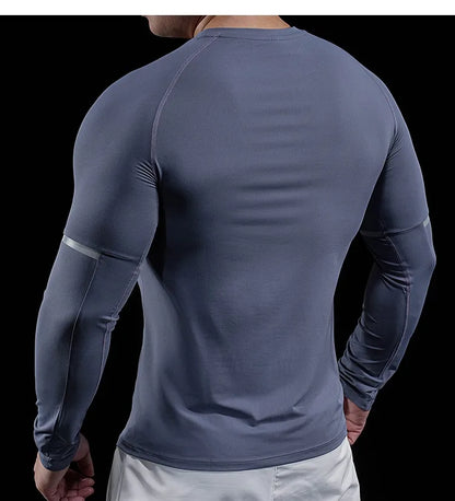 Autumn New Men's Sports Gym Fitness Clothes Reflective Strips Round Neck Training Long-sleeved T-shirt Running Slim Breathable
