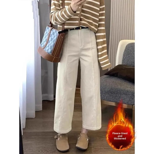 plus Size Women's Winter Fce Lined Vintage Harlan Pants Corduroy Tapered Casual Nine Point High Waist Cotton Straight Leg