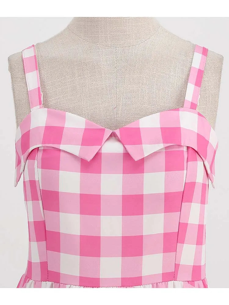 Spaghetti Strap Pink Plaid Dress Women Summer Elegant Vintage 50s Rockabilly Swing Party Dress