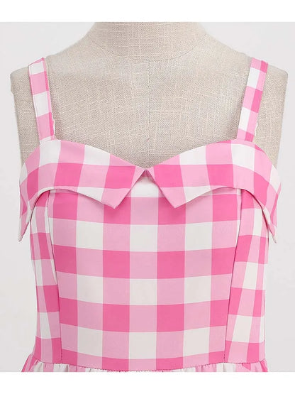 Spaghetti Strap Pink Plaid Dress Women Summer Elegant Vintage 50s Rockabilly Swing Party Dress