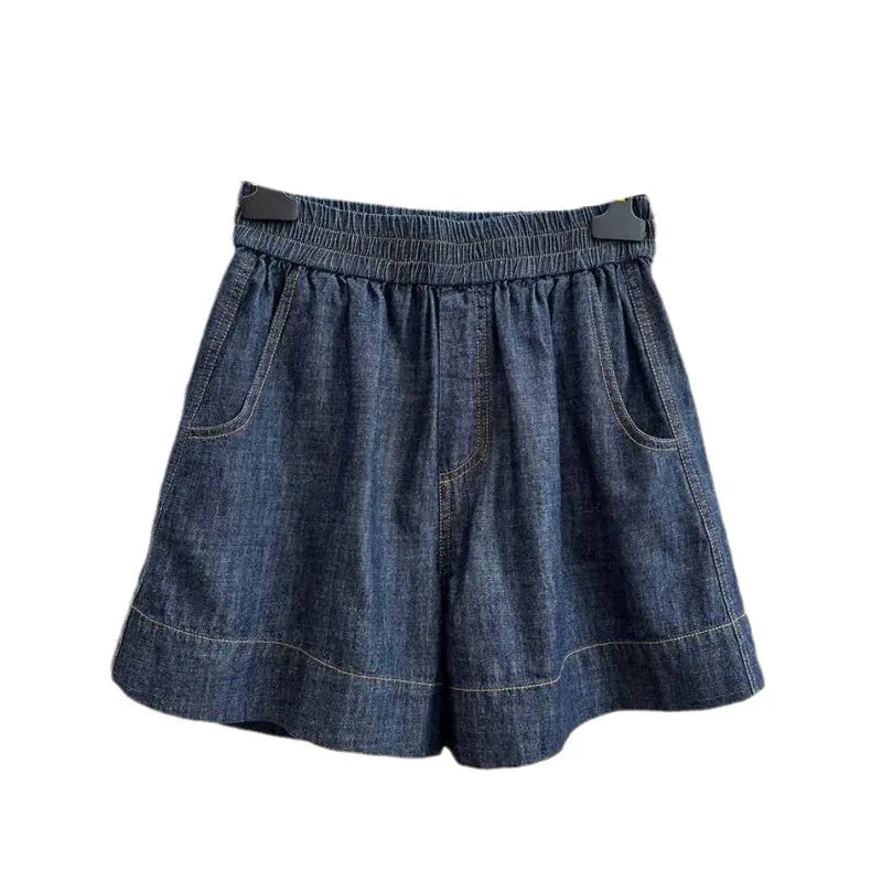 European-style high-end elastic waist casual denim shorts for women, summer thin loose high-waist A-line wide-leg hot pants