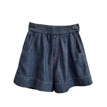 European-style high-end elastic waist casual denim shorts for women, summer thin loose high-waist A-line wide-leg hot pants