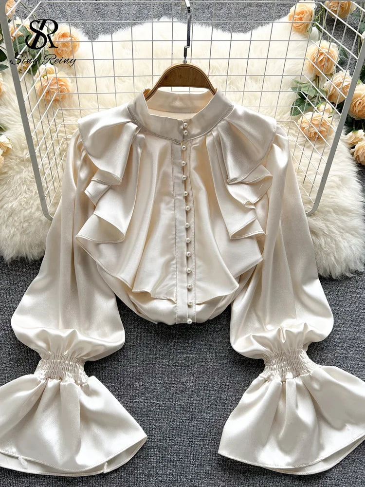 High Quality Satin Loose Shirt Long Flared Sleeves Ruffles O Neck Beading  Women Gentle Office Lady Casual Blouse
