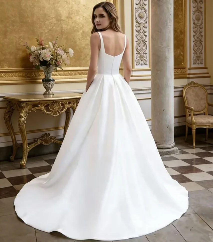 Customized Elegant Simple Satin Wedding Dresses A Line Spaghetti strap Bride Dress Backless vestidos de novia Bridal Gowns