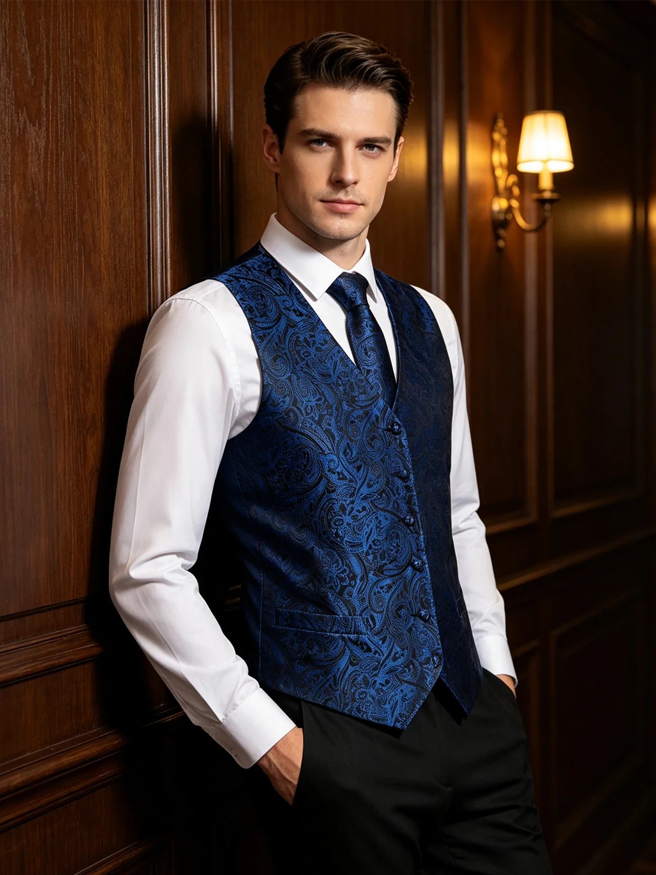 Navy Subtle Paisley V-Neck Vest Accessory Set Tie Pocket Square Cufflinks For Corporate Ceremony Banquet