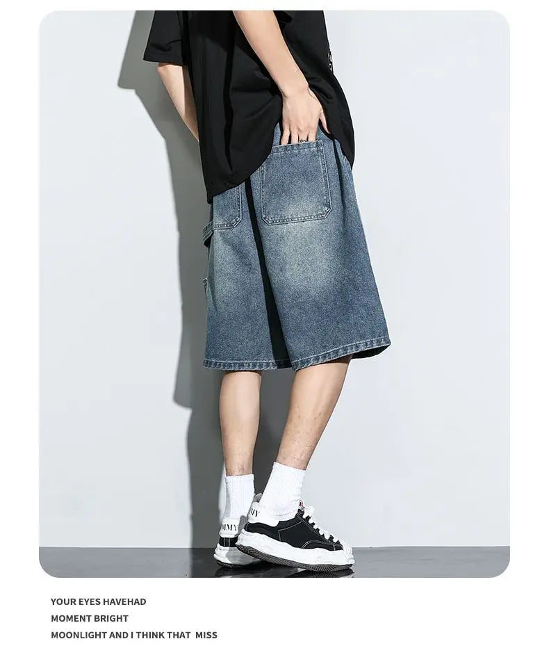 Men's Baggy Cargo Shorts Summer New Fashion Drawstring Straight Casual Jeans Streetwear Pocket Splicing Male Short Pants