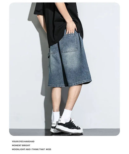 Men's Baggy Cargo Shorts Summer New Fashion Drawstring Straight Casual Jeans Streetwear Pocket Splicing Male Short Pants