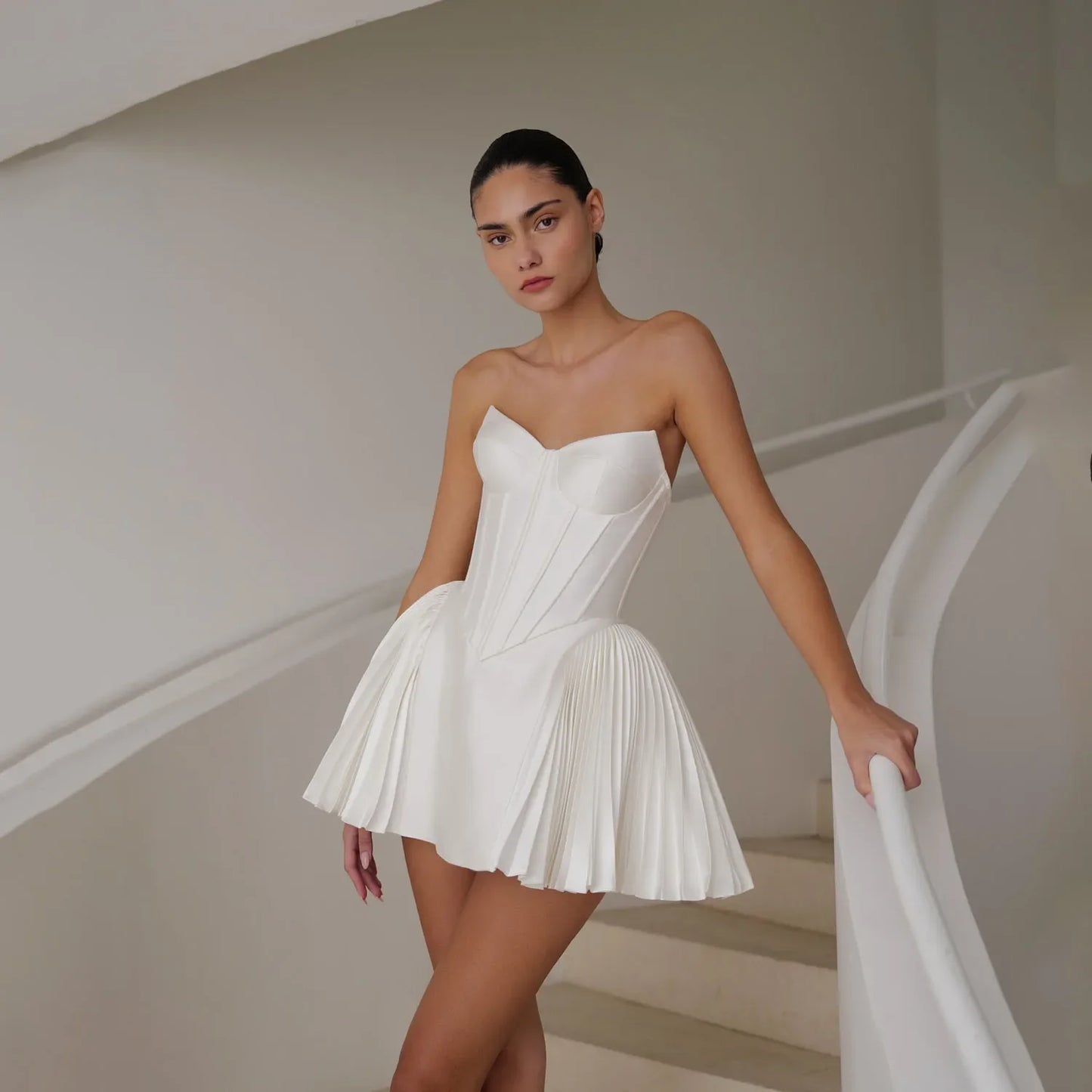 Customized White Spaghetti Strap Wedding Dress Sleeveless Lace-Up Back Bridal Gown Backless Elegant Mini Satin Wedding Gown 2026