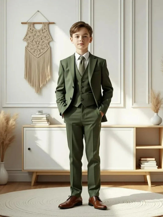 Green Smart Kids Suit Set Jacket Vest Pants 3 Pieces School Activities Wear Spring Notched Lapel Boys Suits Performance Tuxedo