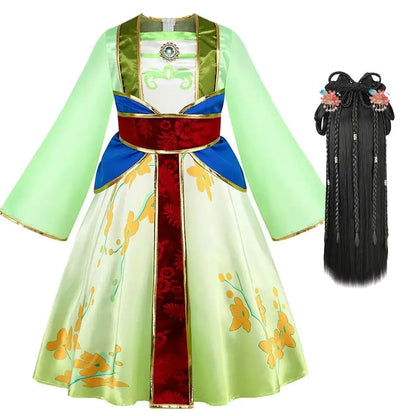 Mulan Cosplay Costume Girl Chinese-style Long-sleeved Hanfu with Hair Accessories Necklace Halloween Girl Hero Costume