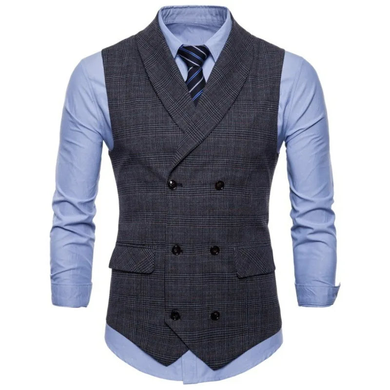 Men Vest Vintage Plaid Turn Down Collar Male Suit Vest Slim Double-breasted Sleeveless Business Casual Man Waistcoat