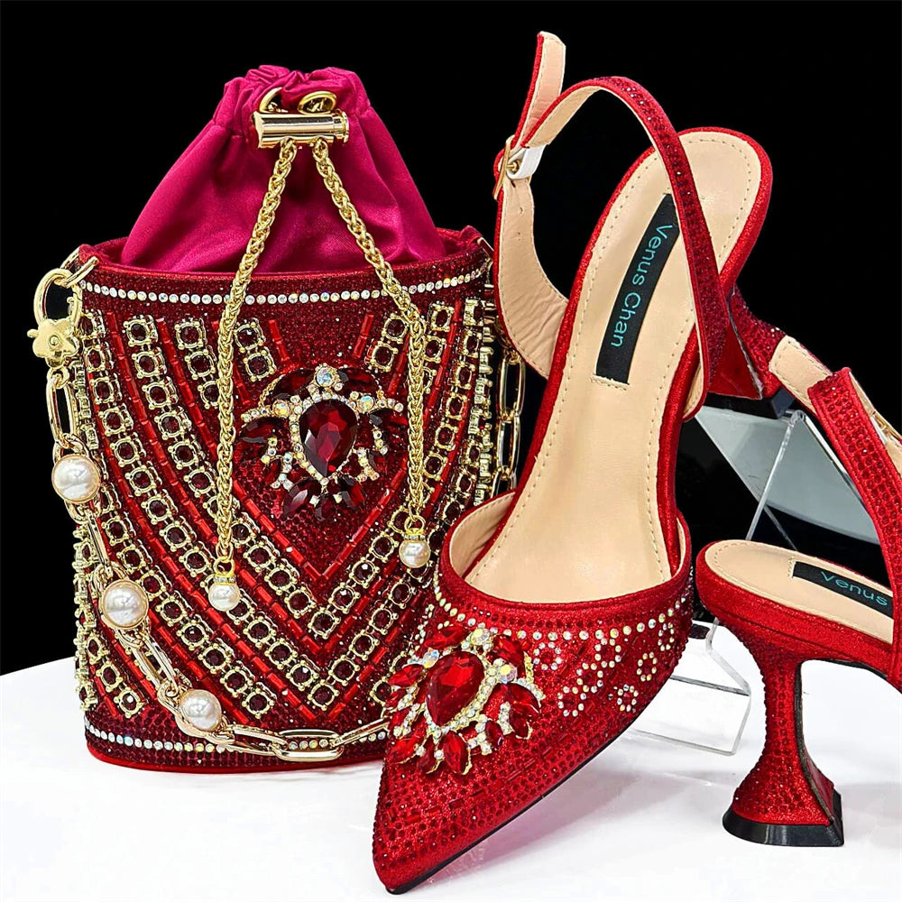 2024 Latest Wedding Pointed Toe Women's Shoes High Heel Black Color Rhinestones italian shoes and bags matching set