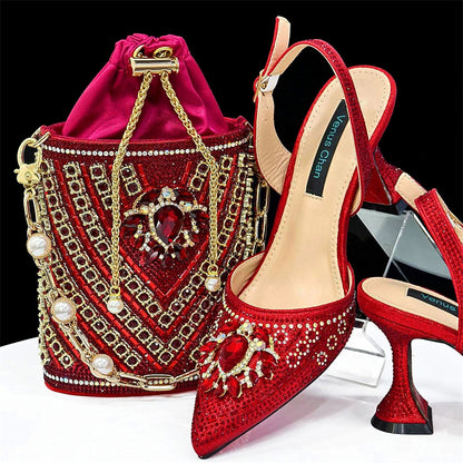 2024 Latest Wedding Pointed Toe Women's Shoes High Heel Black Color Rhinestones italian shoes and bags matching set