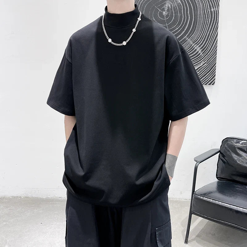 Streetwear Turtleneck Men Tshirt Solid Hip Hop Male Oversized T Shirts Man Casual Short Sleeve Top Tees Black/White/Purple