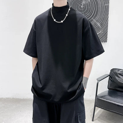Streetwear Turtleneck Men Tshirt Solid Hip Hop Male Oversized T Shirts Man Casual Short Sleeve Top Tees Black/White/Purple