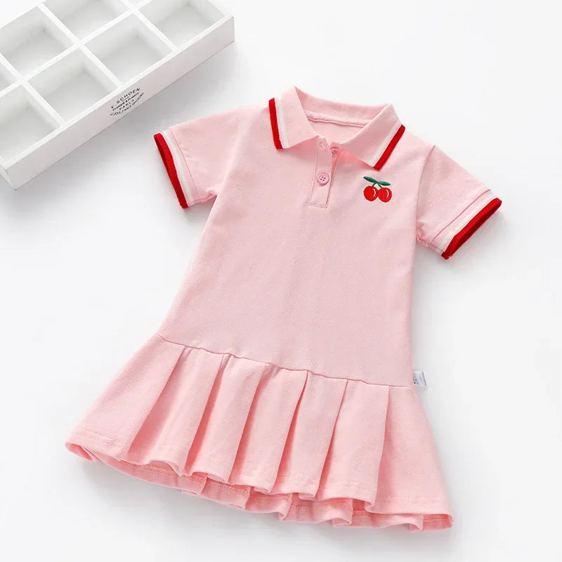Girls Summer Dress New Children's Polo Pleated Dress Short Sleeve College Style Dresses WT26