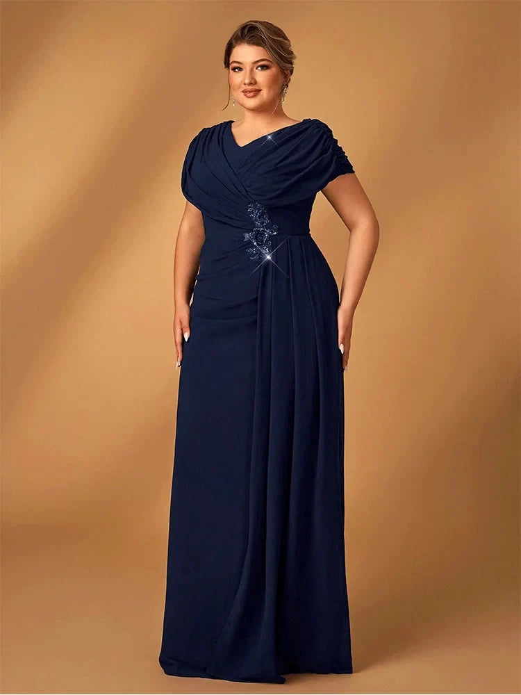 Plus Size Luxury Mom Wedding Reception Party Luxury Shiny Plus Size Chiffon Mother Navy Blue Evening Dress