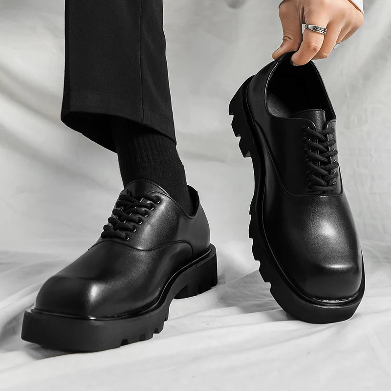 Trendy gentleman men's casual thick soled leather shoes Minimalist and versatile style Fashion Party Office Elevated Shoes