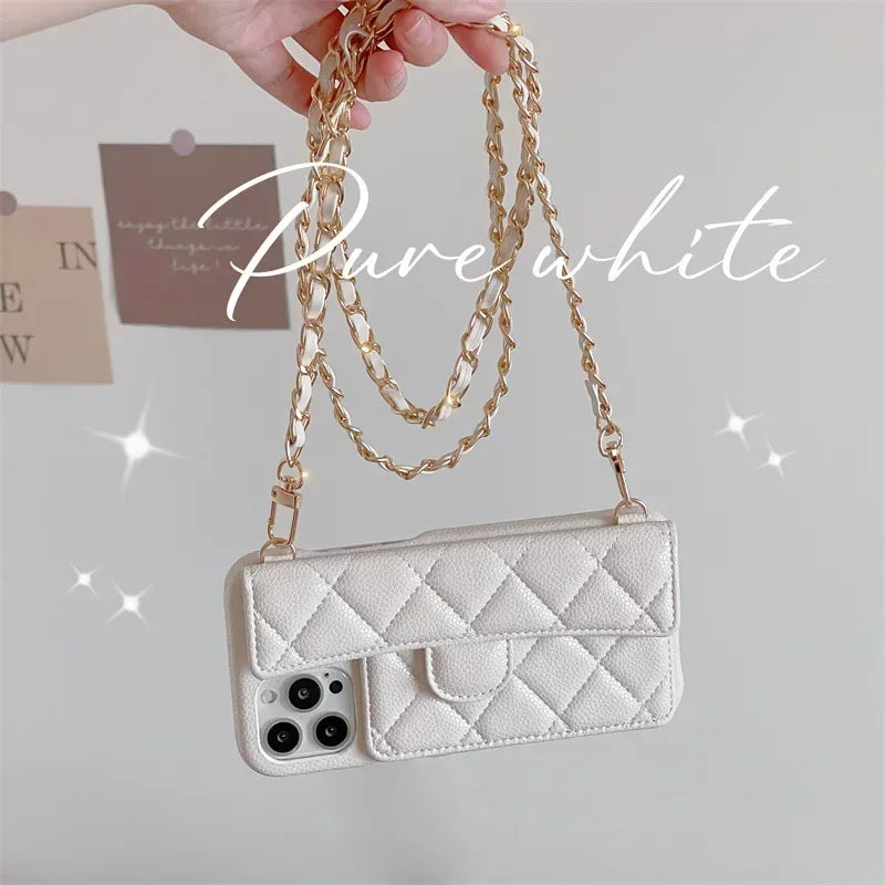 Crossbody Lanyard Wallet Phone Case For iPhone 15 14 13 16 Pro Max Card Holder Necklace Chain Luxury  Leather ( NO LOGO)