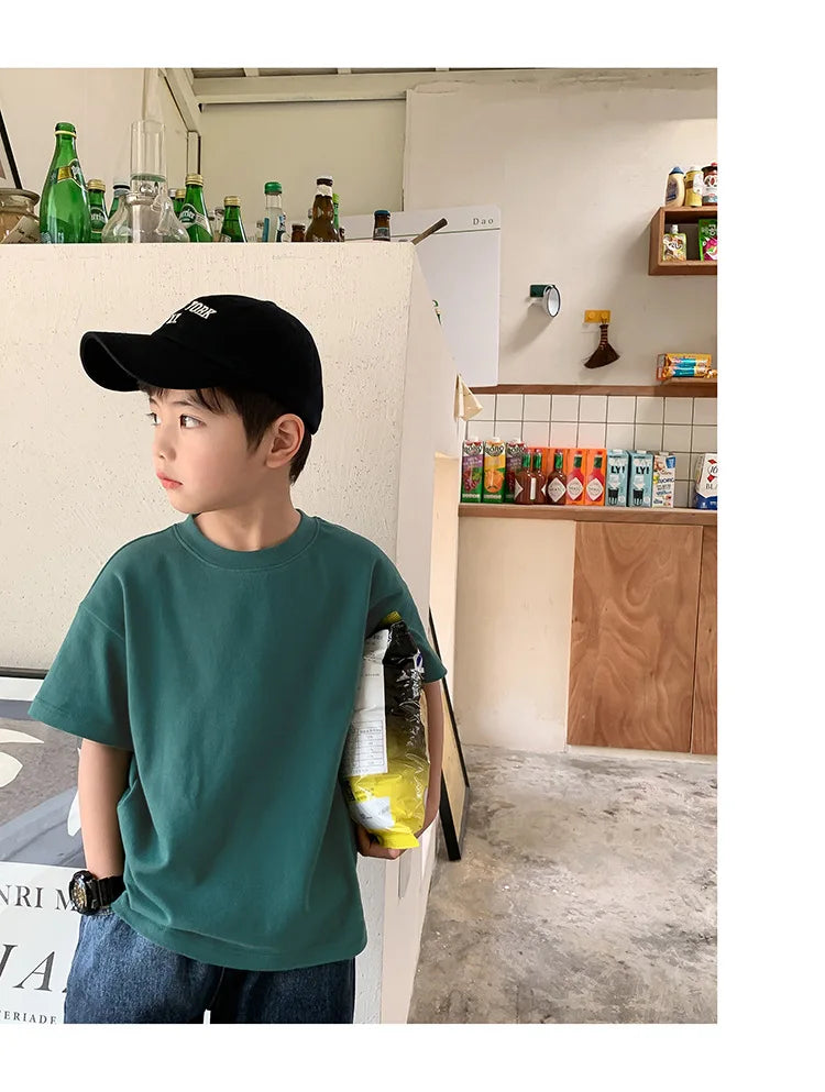 Summer Casual School Kids Cotton Plain Tee Tops Baby and Boys Short-Sleeved T-Shirt Children Outfit Clothing 1-16 Years