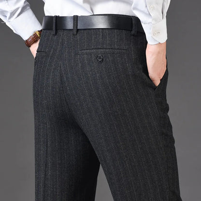 Cashmere Suit Pant For Men Loose Striped Hight Waist Wool Trousers Classic Straight Formal Mens Dress Pants Business Size 42 44