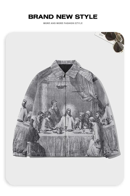 Autumn Men Jacket Oversized Painting Printing Couples Thin Casual Jackets Male Female Silk Vintage Clothing Man Coats Outerwear