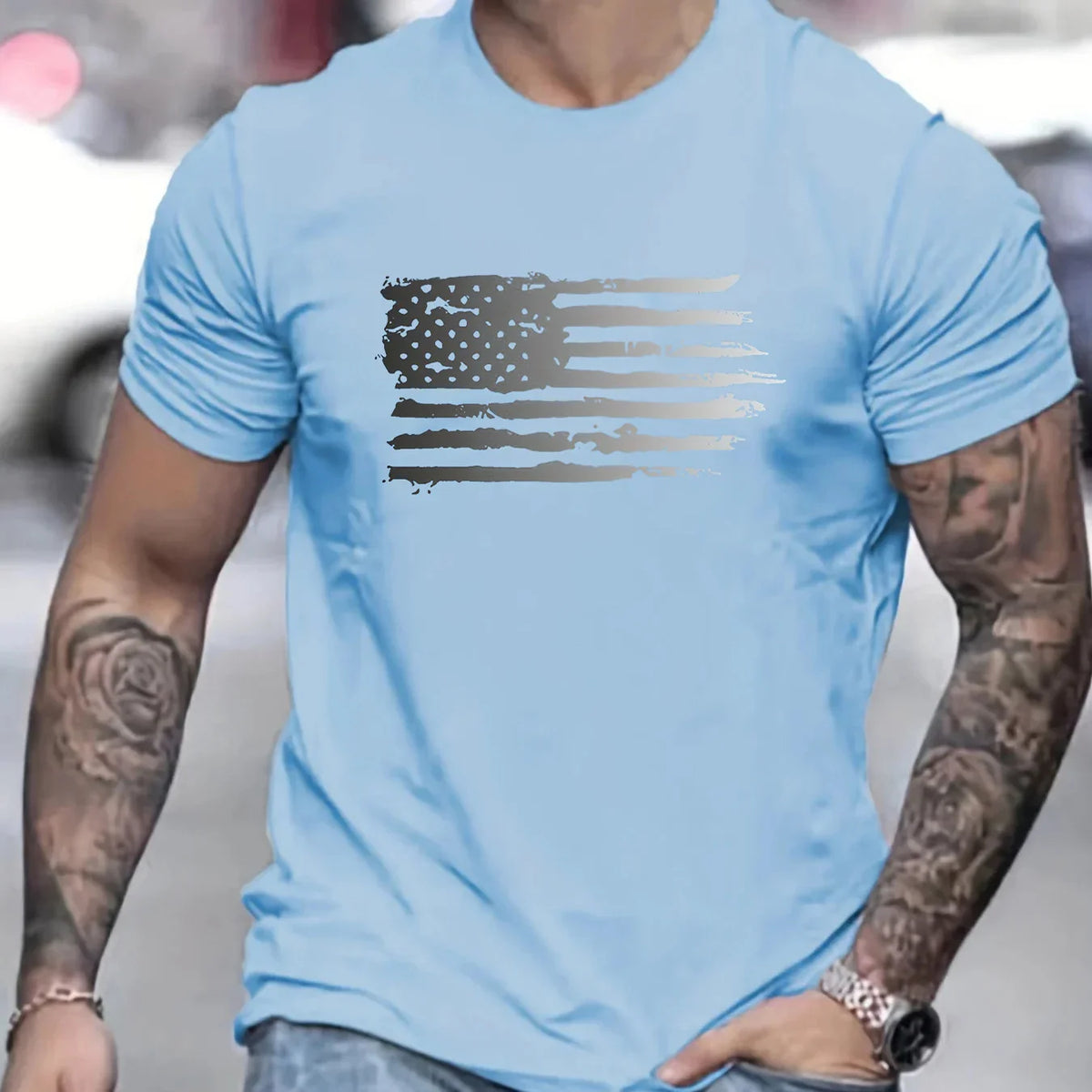 Men's summer 100 cotton fashionable casual loose plus size American flag printed sports round neck short sleeved T-shirt top