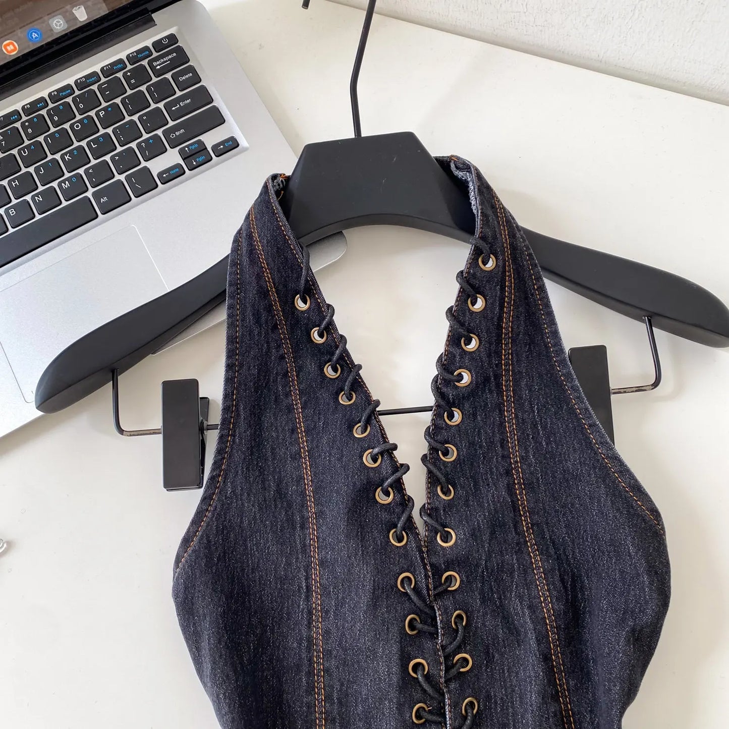 Night Club Denim Camis Female Summer Backless V Neck Lace Up Shirred Retro Halter Top Y2K Hot Girl Streetwear Tank Top