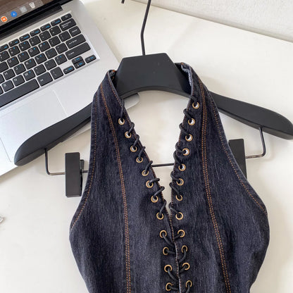 Night Club Denim Camis Female Summer Backless V Neck Lace Up Shirred Retro Halter Top Y2K Hot Girl Streetwear Tank Top