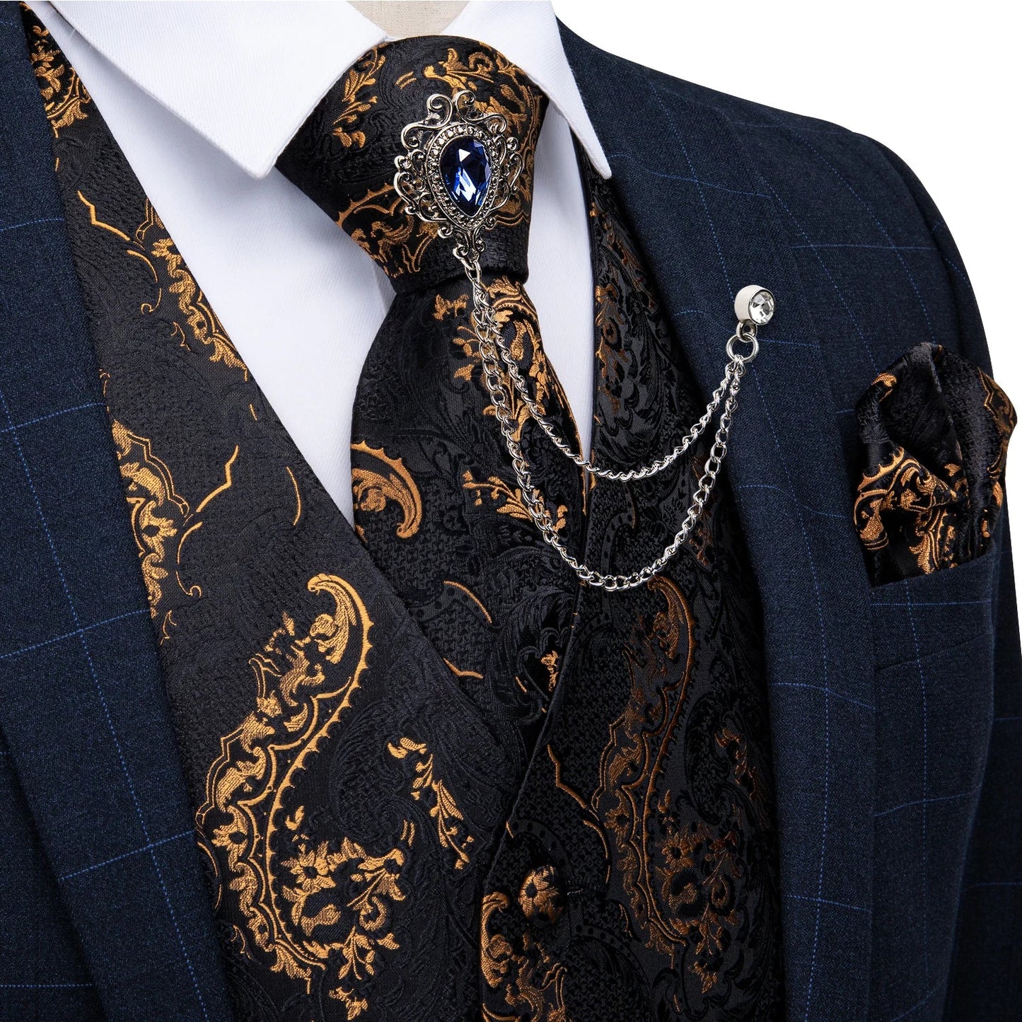 New Teal Green Paisley Formal Dress Vest Men's Suit Vest Waistcoat Tie Brooch Pocket Square Set for Tuxedo