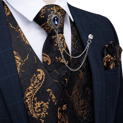 New Teal Green Paisley Formal Dress Vest Men's Suit Vest Waistcoat Tie Brooch Pocket Square Set for Tuxedo