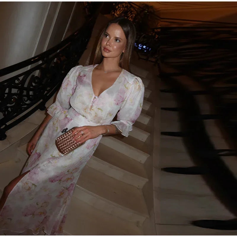 V-neck Organza Floral Chiffon Puff Sleeve Slit Long Dress Bodycon High Slit Bodycon Sexy Dresses Lady Chic Daily Sweet Date Robe