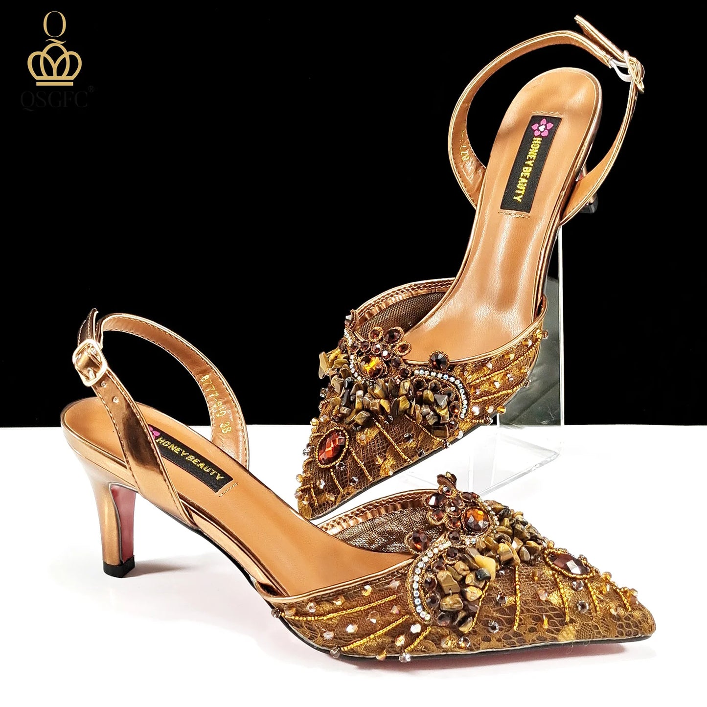 Italian Design Rhinestones and Coral Stones Ladies Party Shoes High Heels Pointed Toe Coffee Color Women's Shoes
