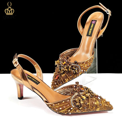 Italian Design Rhinestones and Coral Stones Ladies Party Shoes High Heels Pointed Toe Coffee Color Women's Shoes