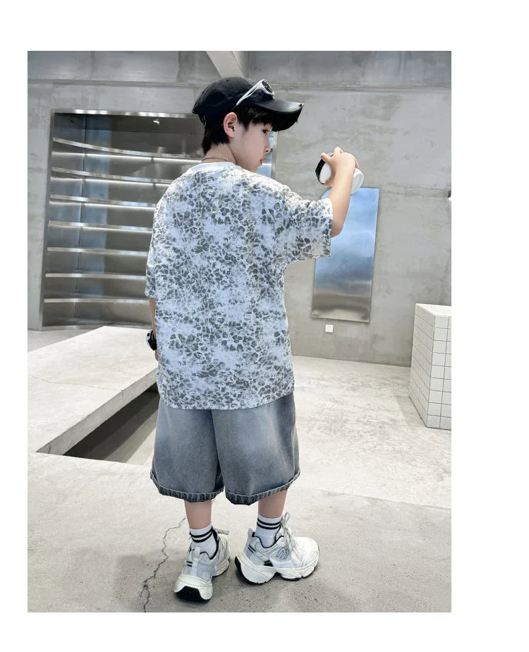 Baby Child Summer Cotton Suit With Shorts for Boy Leopard Print T-shirt + Denim Shorts Top and Bottom Clothes Set For Kids 2-14Y